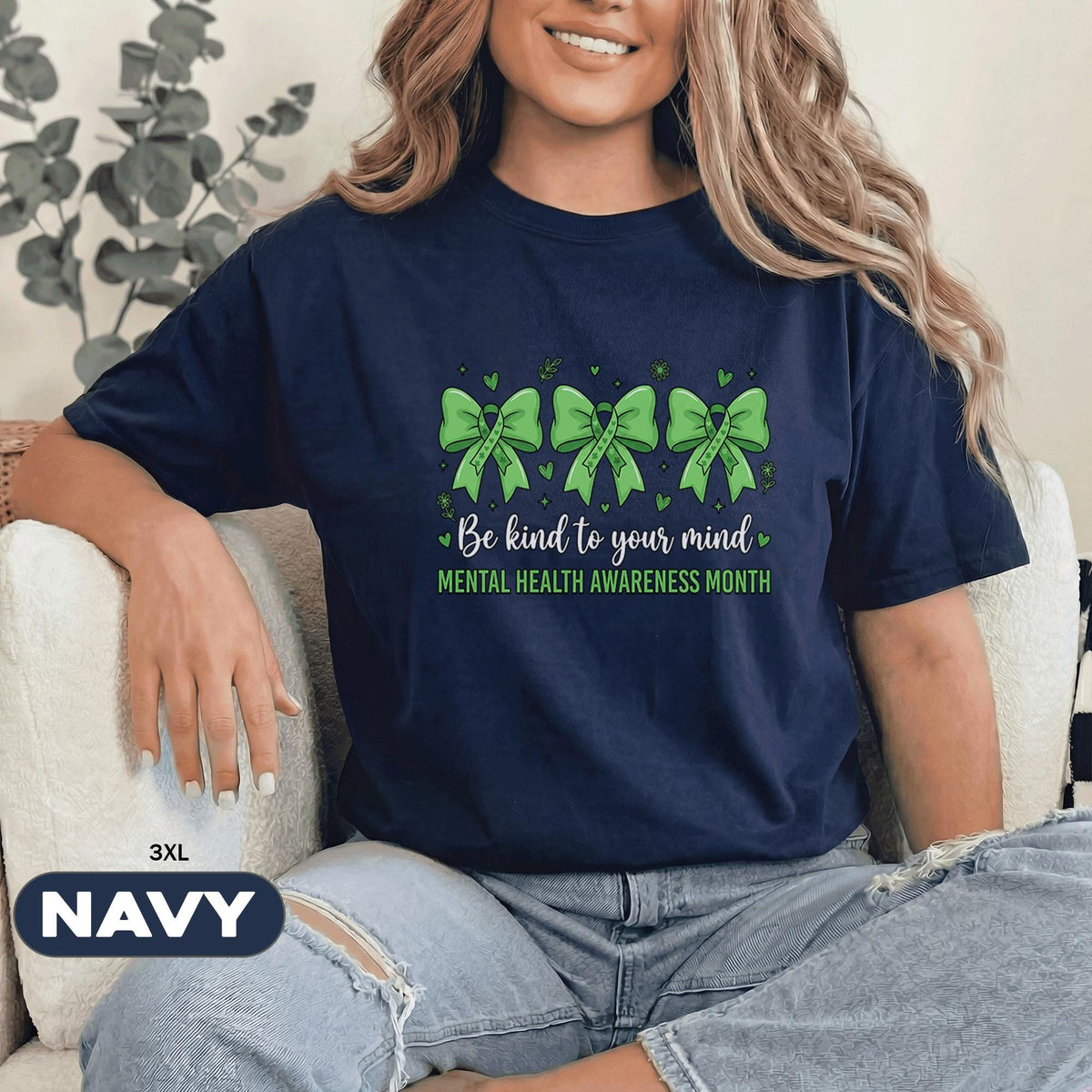 Be Kind To Your Mind Shirt Mental Health Awareness Month Green Ribbon Bow Tee Inspirational Self Care Gift Unisex Green T Shirt
