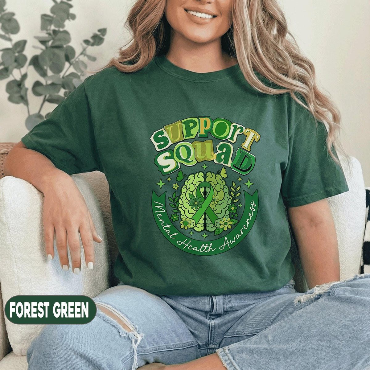 Support Squad Mental Health Awareness Shirt Green Ribbon Brain Floral Tee Inspirational Support Group Gift Unisex Green T Shirt