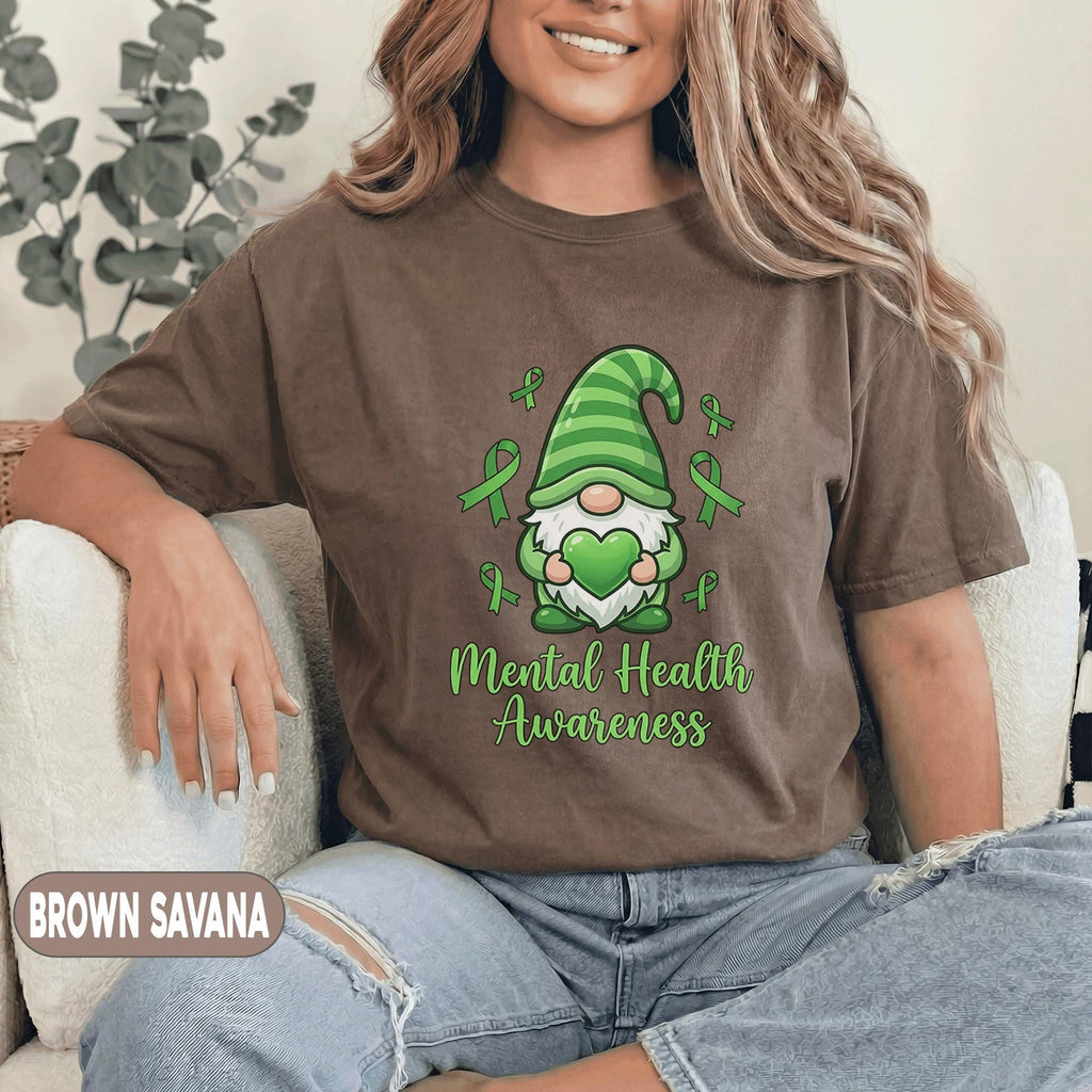 Cute Gnome Mental Health Awareness Shirt Green Ribbon Heart Design Kawaii Support Tee Funny Therapy Gift Unisex Green T Shirt
