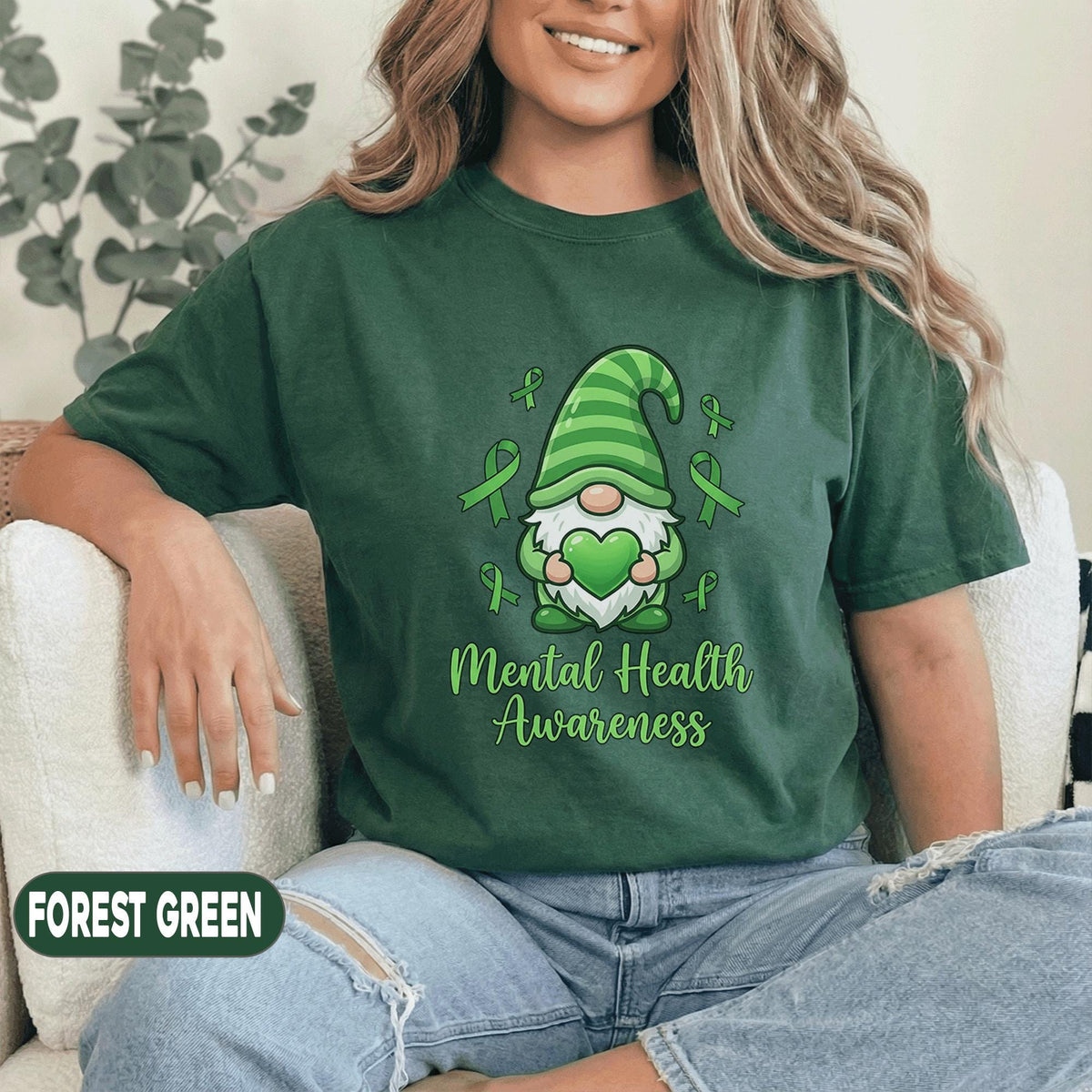 Cute Gnome Mental Health Awareness Shirt Green Ribbon Heart Design Kawaii Support Tee Funny Therapy Gift Unisex Green T Shirt