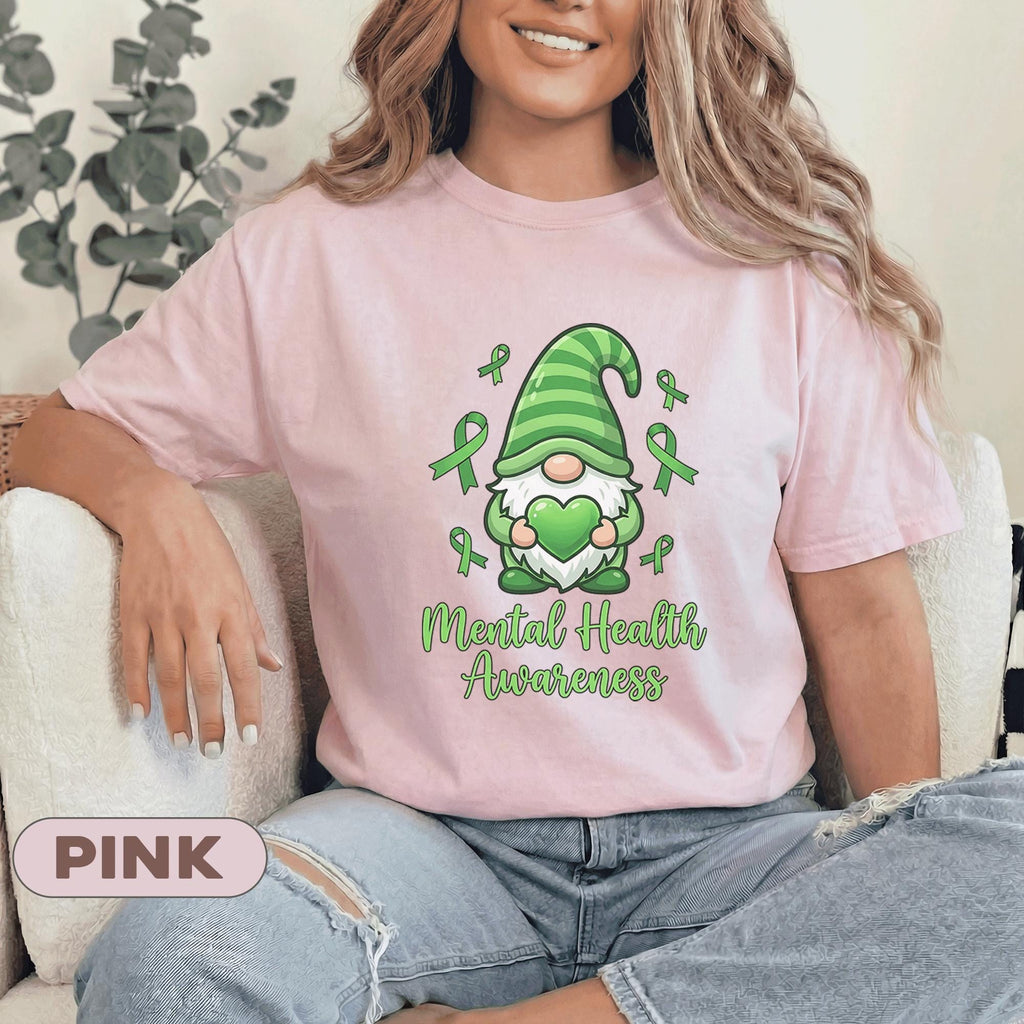 Cute Gnome Mental Health Awareness Shirt Green Ribbon Heart Design Kawaii Support Tee Funny Therapy Gift Unisex Green T Shirt
