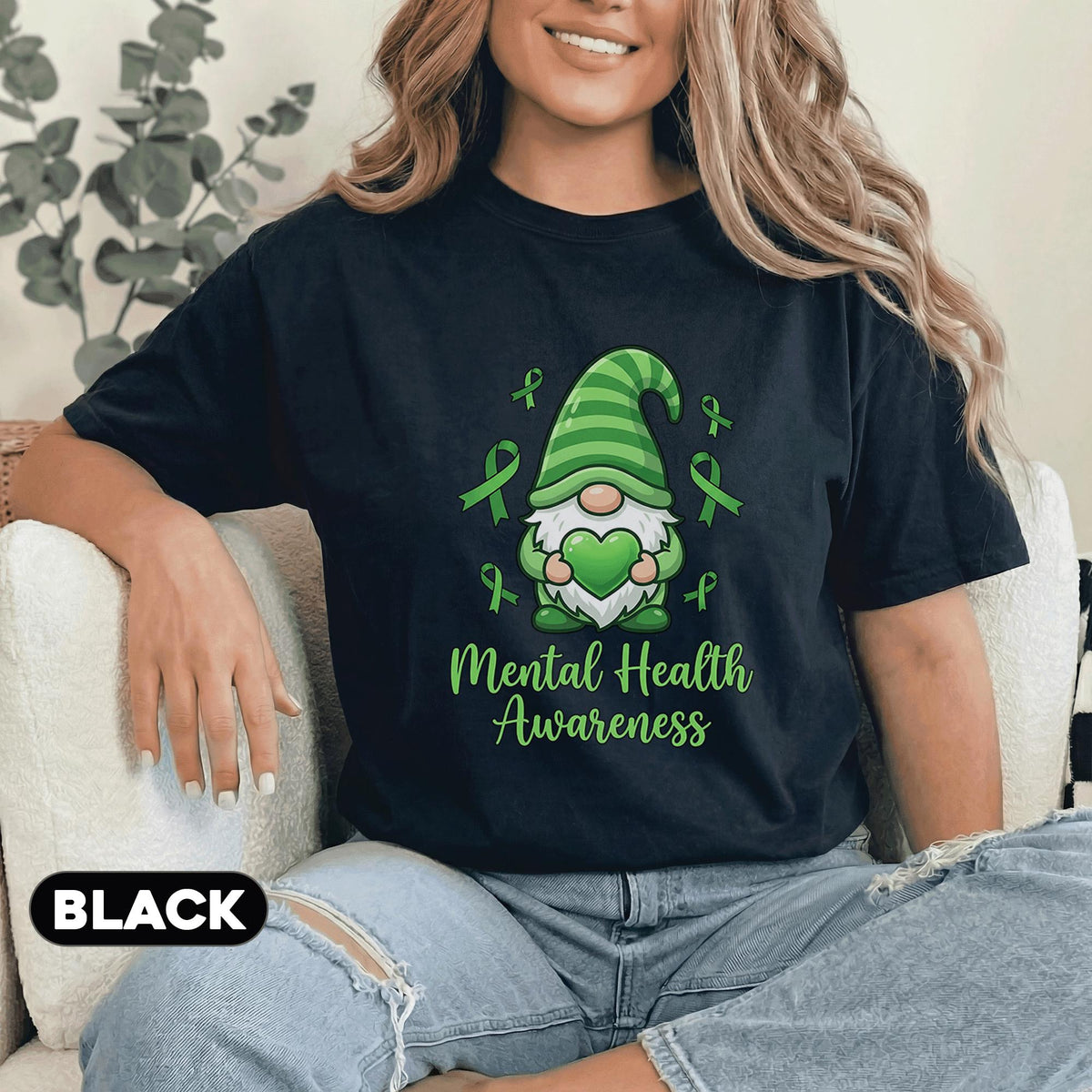 Cute Gnome Mental Health Awareness Shirt Green Ribbon Heart Design Kawaii Support Tee Funny Therapy Gift Unisex Green...