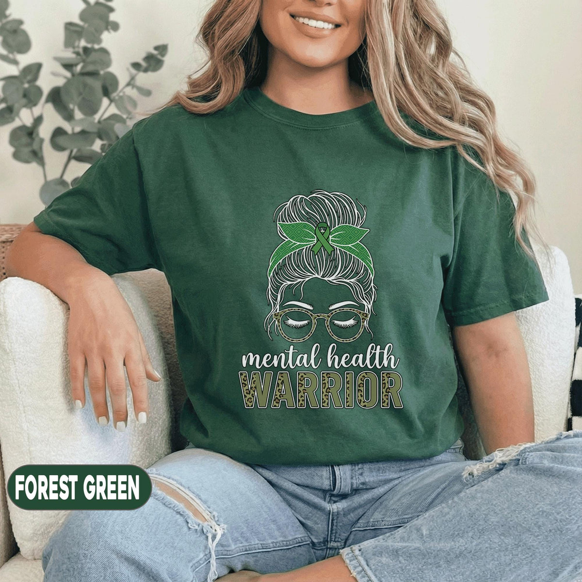Mental Health Warrior Shirt Green Ribbon Messy Bun Glasses Strong Woman Awareness Tee Inspirational Gift Mental Health Awareness T Shirt