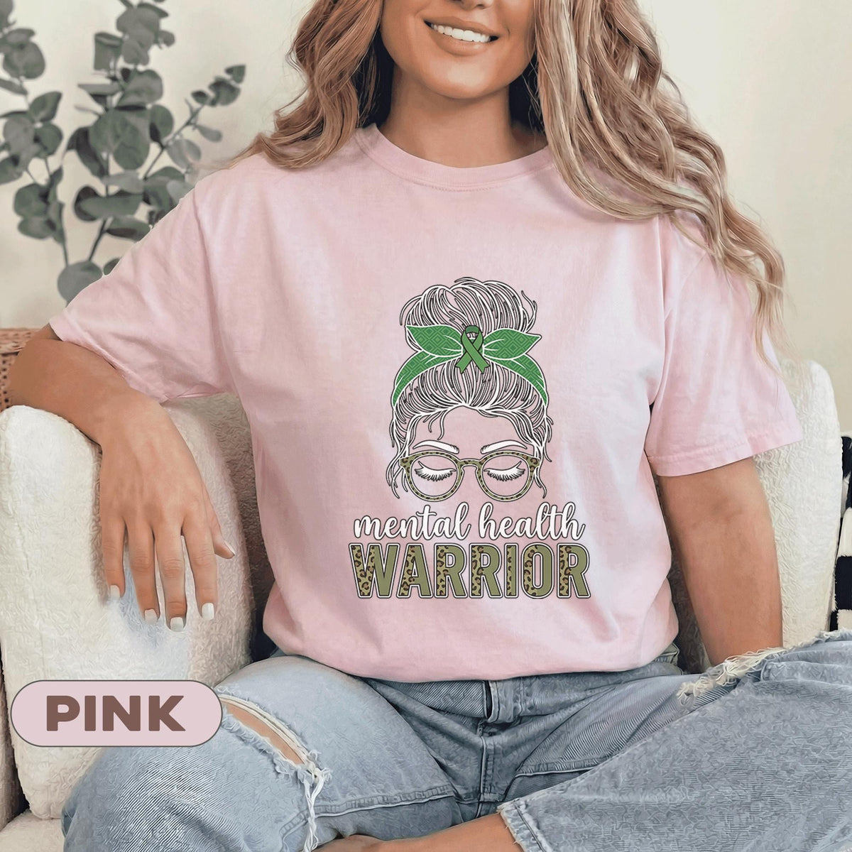 Mental Health Warrior Shirt Green Ribbon Messy Bun Glasses Strong Woman Awareness Tee Inspirational Gift Mental Health Awareness T Shirt