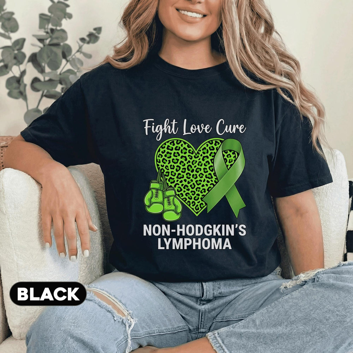 Non Hodgkins Lymphoma Shirt Fight Love Cure Green Ribbon Leopard Heart Boxing Gloves Awareness Support Gift Unisex Gr...