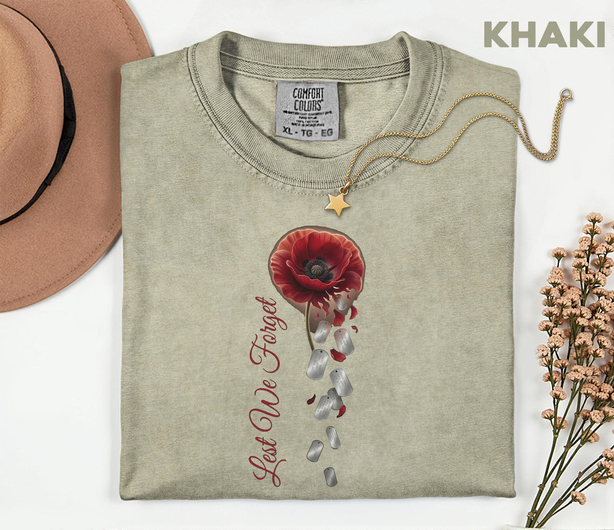 Lest We Forget Poppy Comfort Colors® Shirt, Memorial Day Tribute Tee, Falling Dog Tags, Veteran Remembrance Gift Shirt