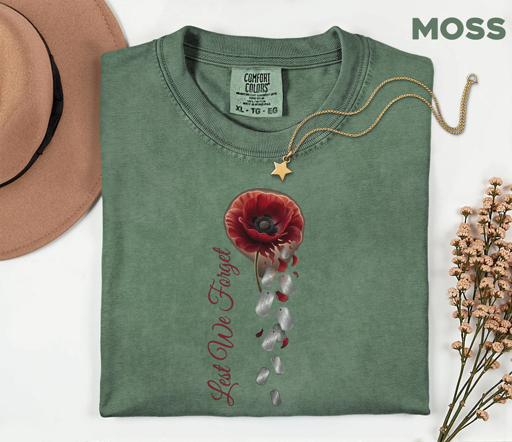 Lest We Forget Poppy Comfort Colors® Shirt, Memorial Day Tribute Tee, Falling Dog Tags, Veteran Remembrance Gift Shirt
