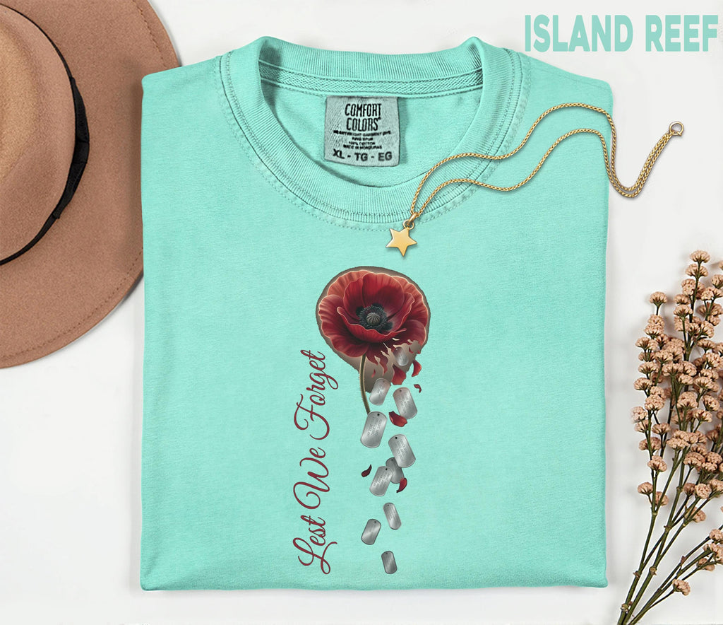 Lest We Forget Poppy Comfort Colors® Shirt, Memorial Day Tribute Tee, Falling Dog Tags, Veteran Remembrance Gift Shirt