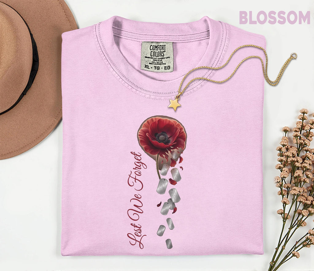 Lest We Forget Poppy Comfort Colors® Shirt, Memorial Day Tribute Tee, Falling Dog Tags, Veteran Remembrance Gift Shirt