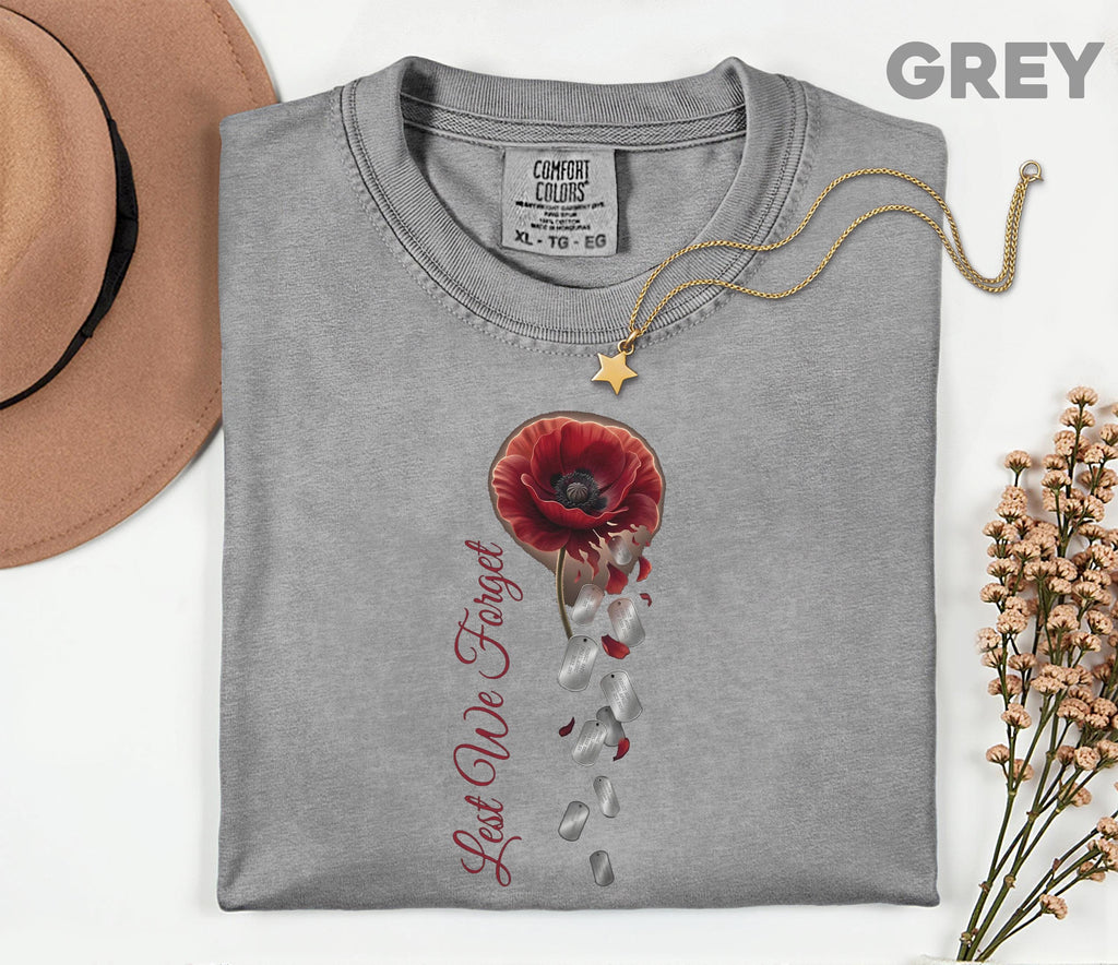 Lest We Forget Poppy Comfort Colors® Shirt, Memorial Day Tribute Tee, Falling Dog Tags, Veteran Remembrance Gift Shirt