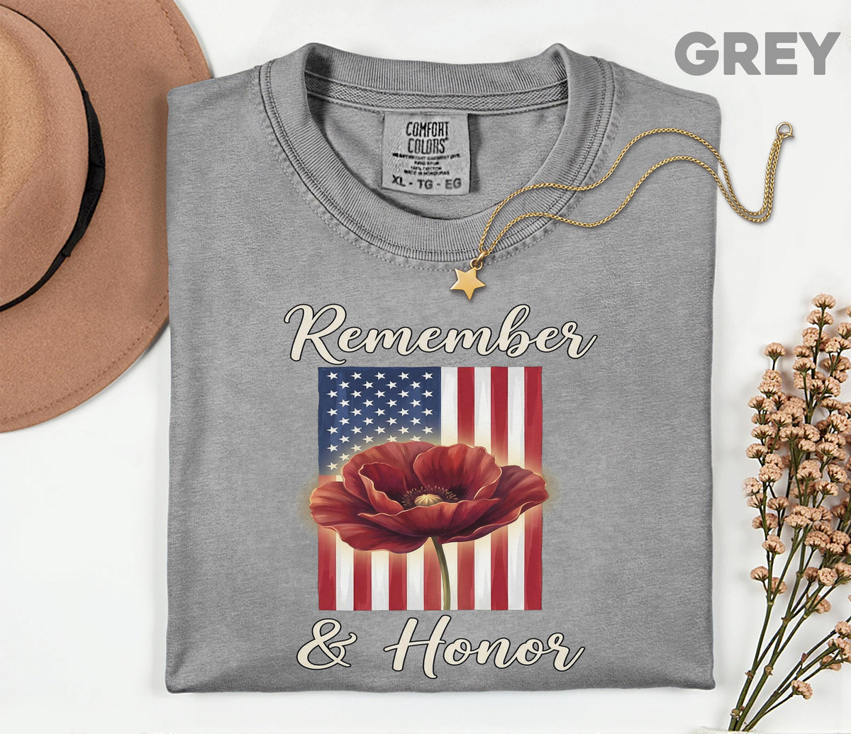 Remember and Honor Shirt, Memorial Day Poppy Tee, Patriotic American Flag Tee, Comfort Colors® Unisex Veterans Day Tribute Gift USA Pride