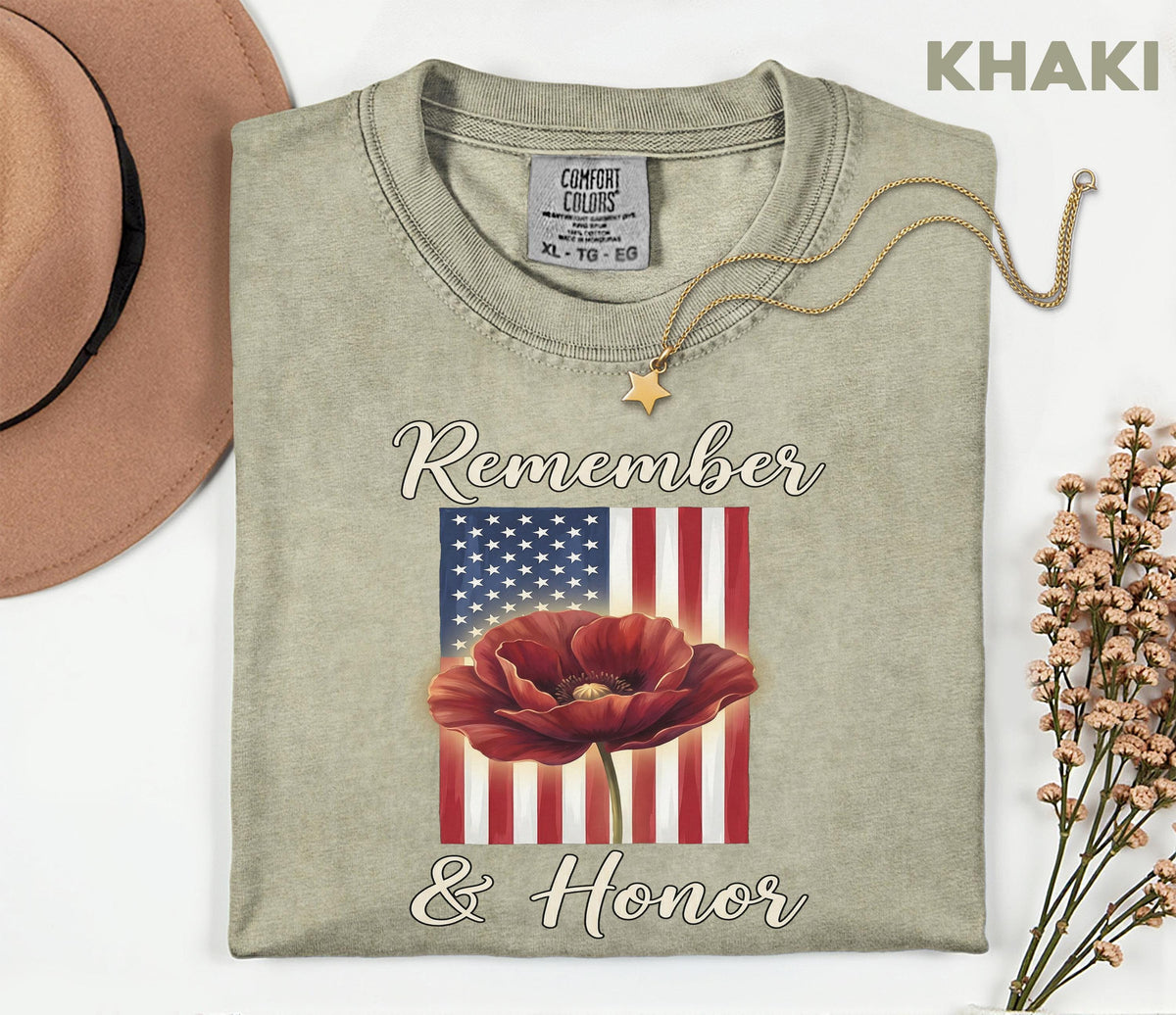 Remember and Honor Shirt, Memorial Day Poppy Tee, Patriotic American Flag Tee, Comfort Colors® Unisex Veterans Day Tribute Gift USA Pride