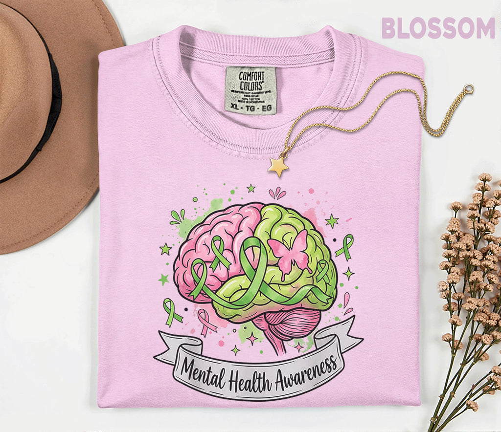 Comfort Colors® Mental Health Awareness Brain Shirt Green Ribbon Pink Green Mind Tee Butterfly Support Mental Wellness Gift Shirt
