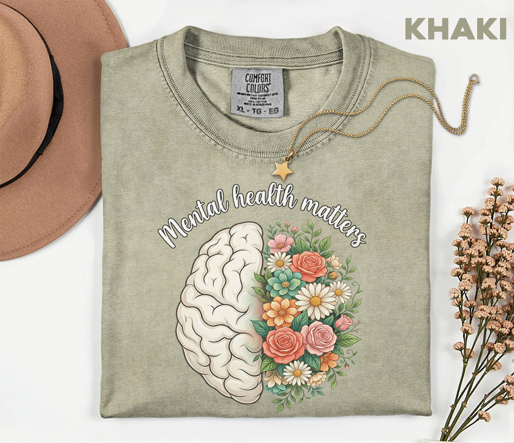 Comfort Colors® Mental Health Matters Brain Floral Shirt Half Brain Flower Tee Mental Wellness Awareness Gift Positive Message Shirt