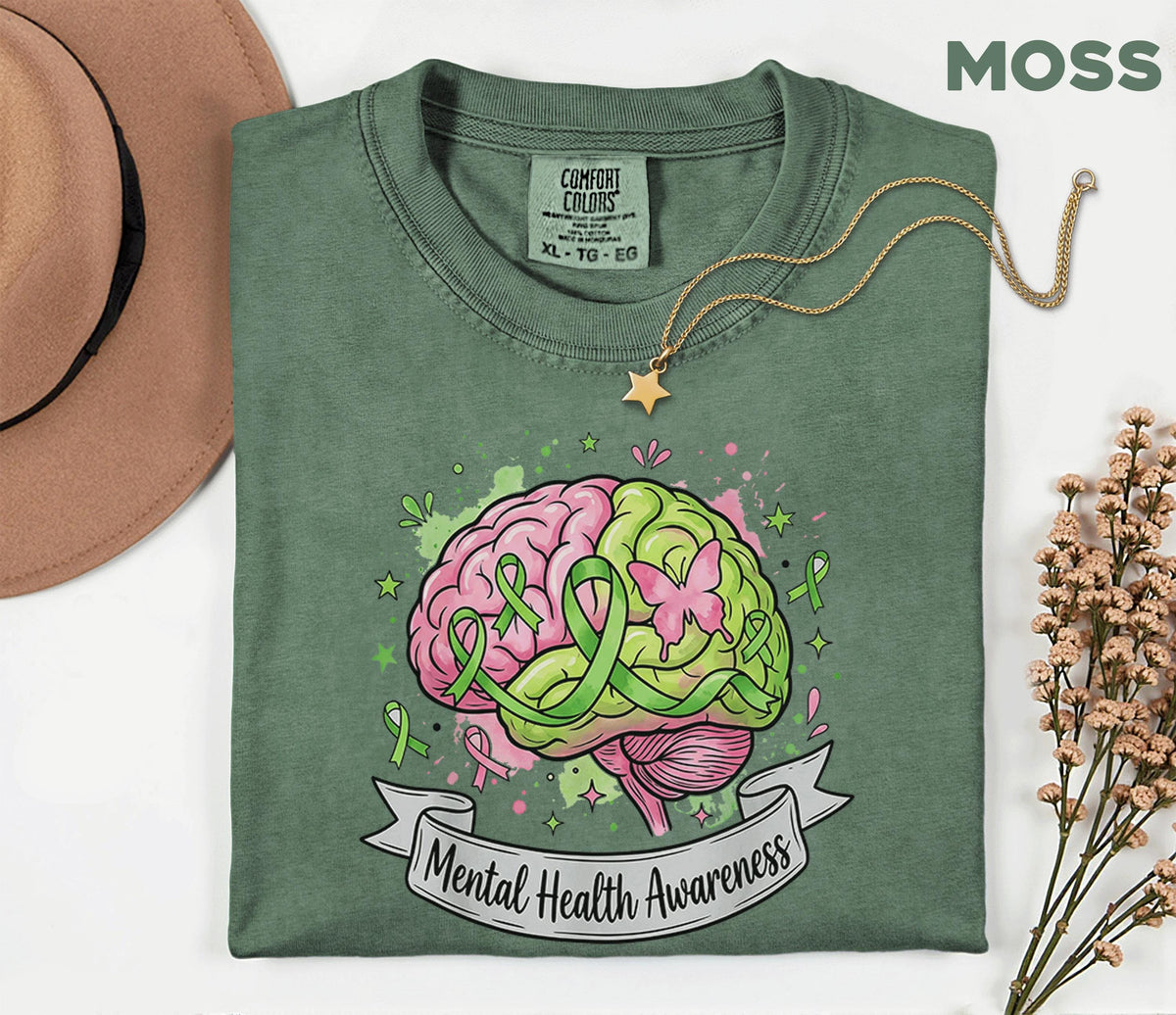 Comfort Colors® Mental Health Awareness Brain Shirt Green Ribbon Pink Green Mind Tee Butterfly Support Mental Wellness Gift Shirt