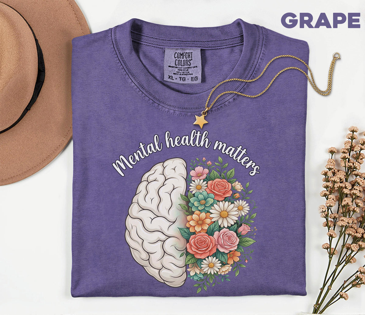 Comfort Colors® Mental Health Matters Brain Floral Shirt Half Brain Flower Tee Mental Wellness Awareness Gift Positive Message Shirt