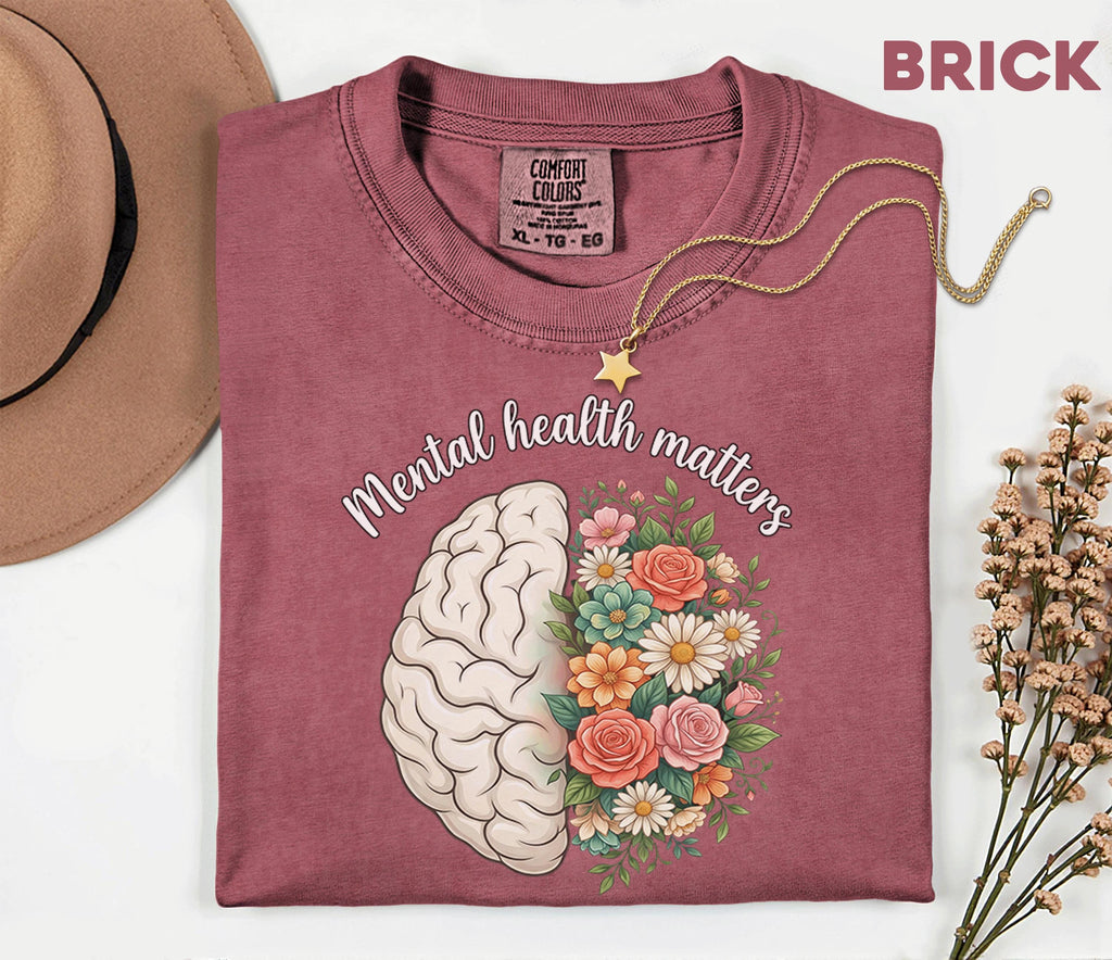 Comfort Colors® Mental Health Matters Brain Floral Shirt Half Brain Flower Tee Mental Wellness Awareness Gift Positive Message Shirt