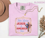 Comfort Colors® She Loves Jesus and America Too Shirt Patriotic Christian Cross Bow USA Tee Fourth of July Independence Day Gift 4th of July