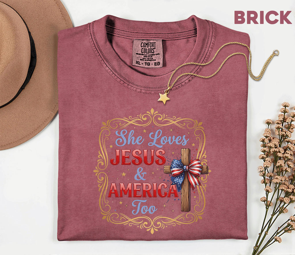 Comfort Colors® She Loves Jesus and America Too Shirt Patriotic Christian Cross Bow USA Tee Fourth of July Independence Day Gift 4th of July