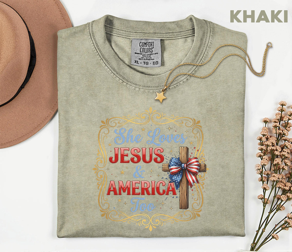 Comfort Colors® She Loves Jesus and America Too Shirt Patriotic Christian Cross Bow USA Tee Fourth of July Independence Day Gift 4th of July