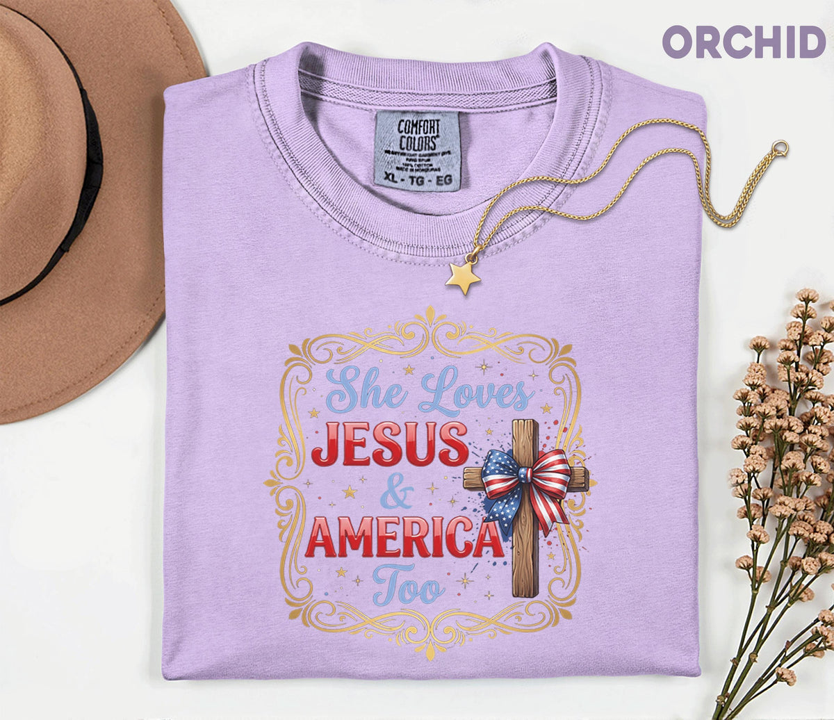 Comfort Colors® She Loves Jesus and America Too Shirt Patriotic Christian Cross Bow USA Tee Fourth of July Independence Day Gift 4th of July