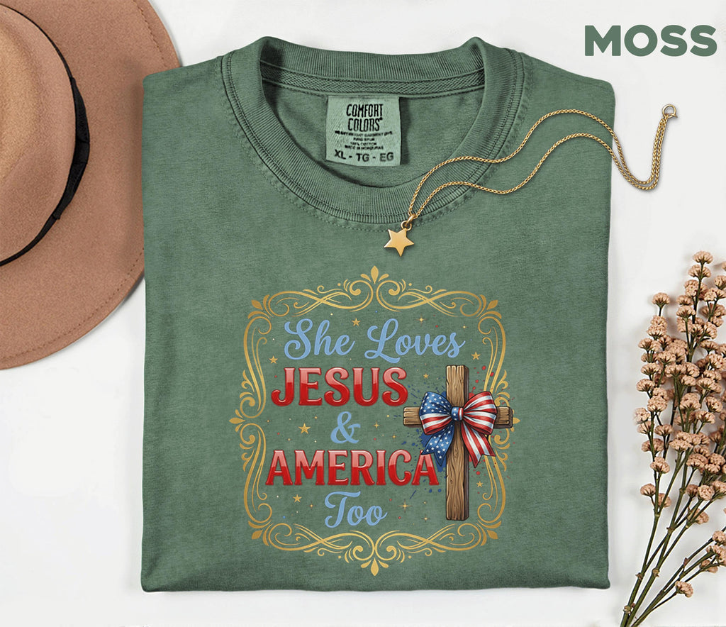 Comfort Colors® She Loves Jesus and America Too Shirt Patriotic Christian Cross Bow USA Tee Fourth of July Independence Day Gift 4th of July