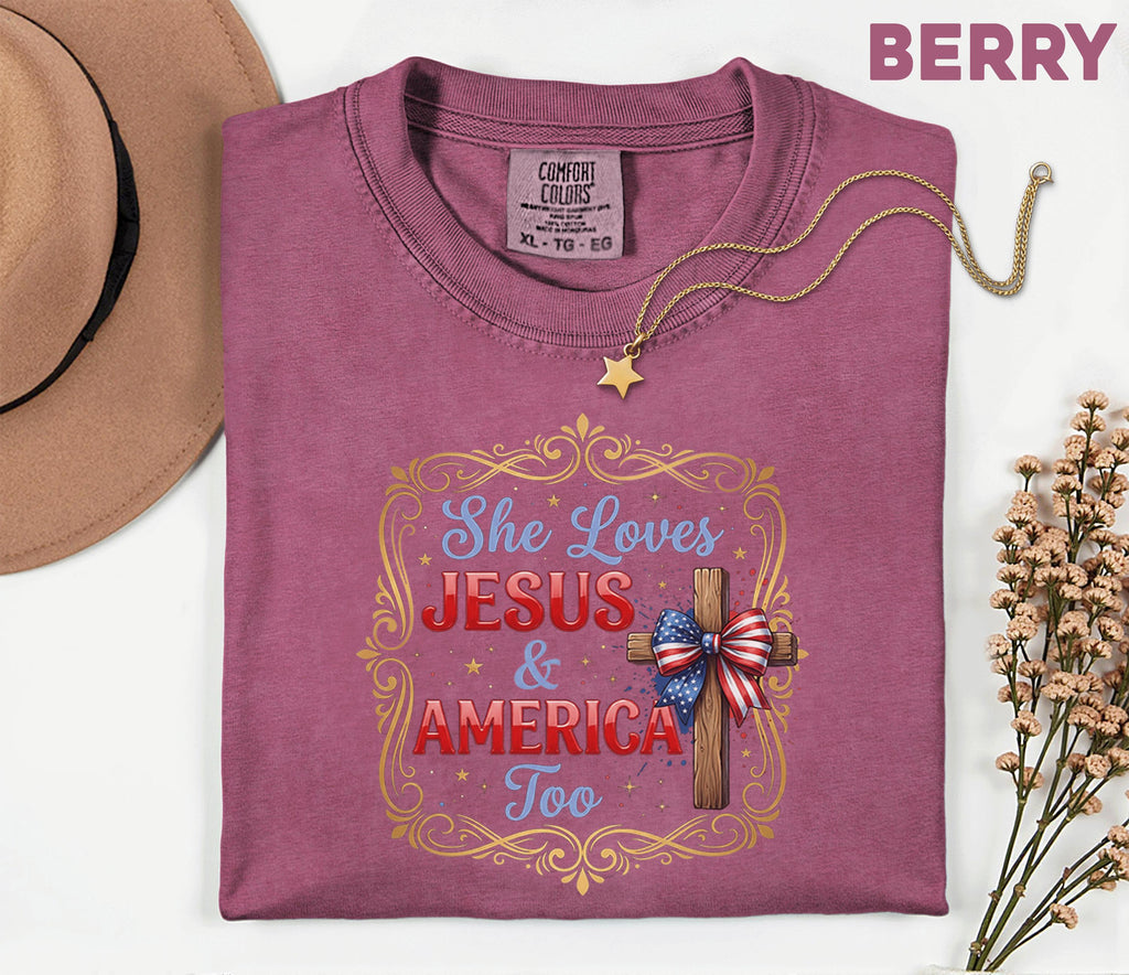 Comfort Colors® She Loves Jesus and America Too Shirt Patriotic Christian Cross Bow USA Tee Fourth of July Independence Day Gift 4th of July