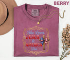 Comfort Colors® She Loves Jesus and America Too Shirt Patriotic Christian Cross Bow USA Tee Fourth of July Independence Day Gift 4th of July