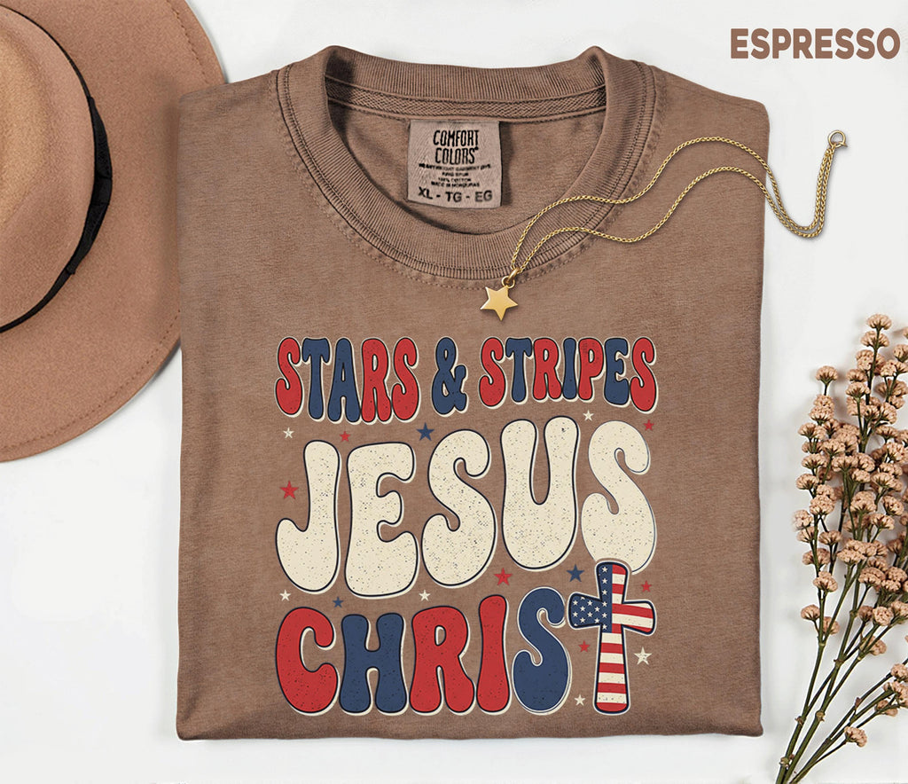 Comfort Colors Stars and Stripes Jesus Christ Shirt Patriotic Christian USA Cross Tee Fourth of July Independence Day Faith Gift 4th of July
