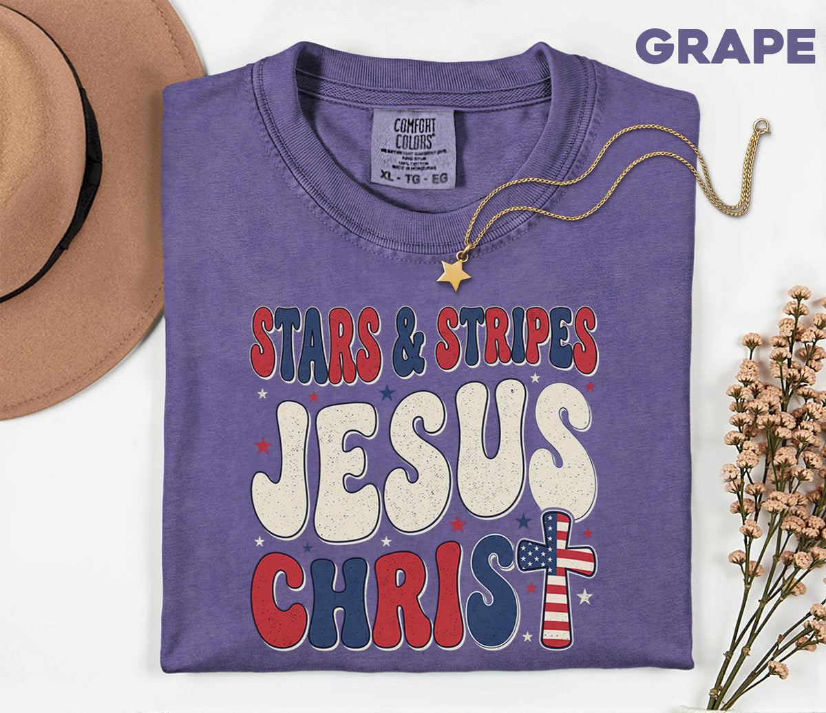 Comfort Colors Stars and Stripes Jesus Christ Shirt Patriotic Christian USA Cross Tee Fourth of July Independence Day Faith Gift 4th of July