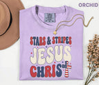 Comfort Colors Stars and Stripes Jesus Christ Shirt Patriotic Christian USA Cross Tee Fourth of July Independence Day Faith Gift 4th of July