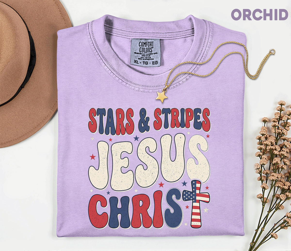 Comfort Colors Stars and Stripes Jesus Christ Shirt Patriotic Christian USA Cross Tee Fourth of July Independence Day Faith Gift 4th of July
