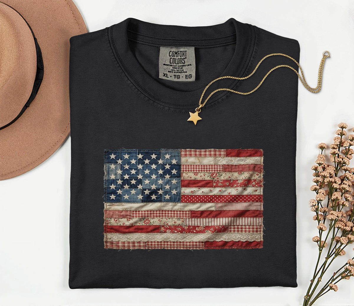 Comfort Colors® Vintage Patchwork American Flag Shirt Patriotic Quilt USA Flag Tee Rustic Fourth of July 4th Independence Day Americana Gift