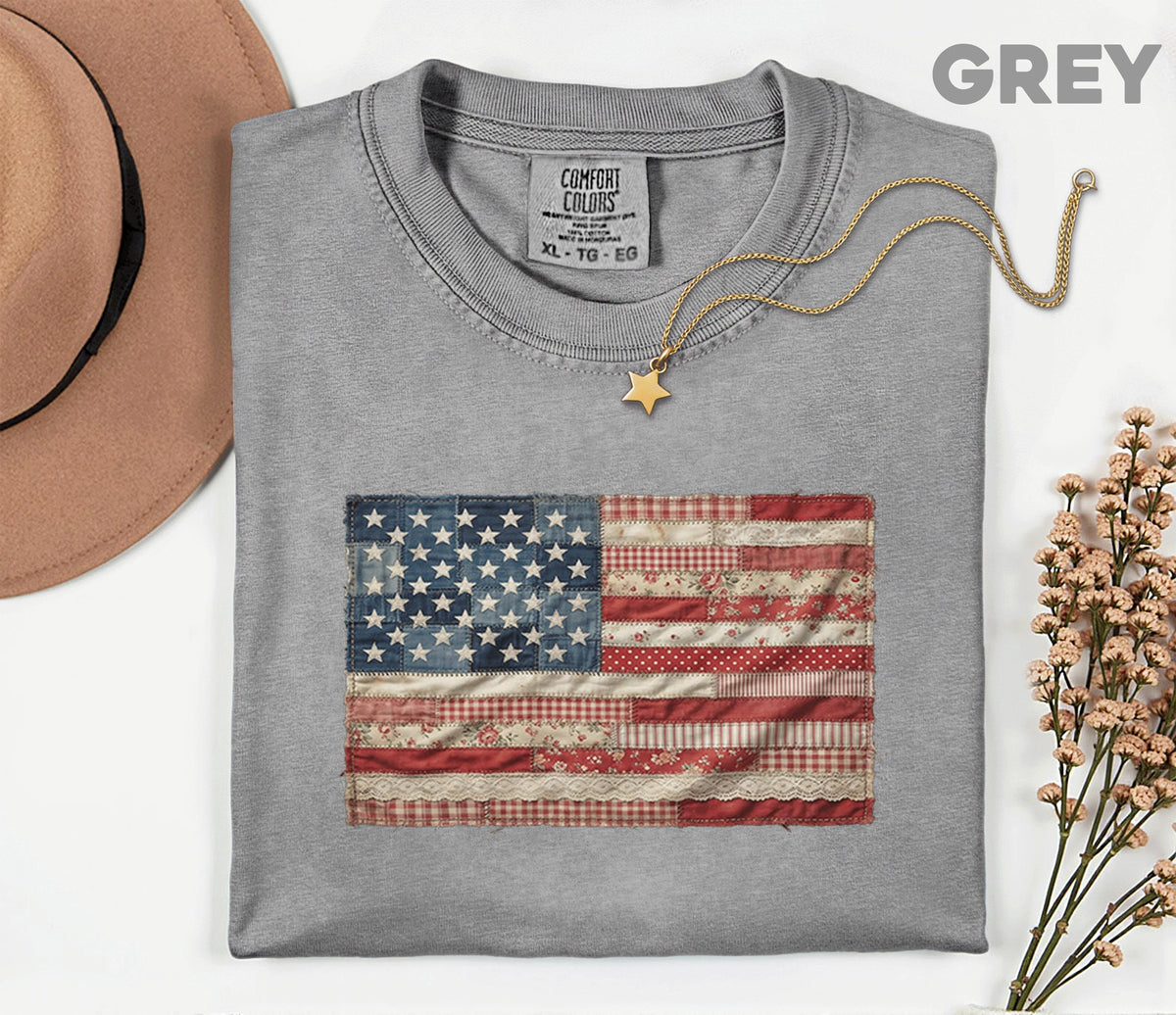 Comfort Colors® Vintage Patchwork American Flag Shirt Patriotic Quilt USA Flag Tee Rustic Fourth of July 4th Independence Day Americana Gift