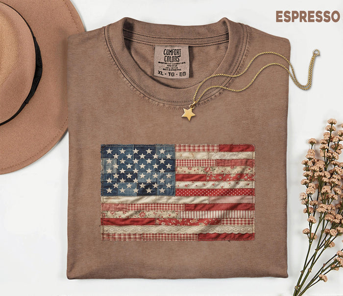 Comfort Colors® Vintage Patchwork American Flag Shirt Patriotic Quilt USA Flag Tee Rustic Fourth of July 4th Independ...