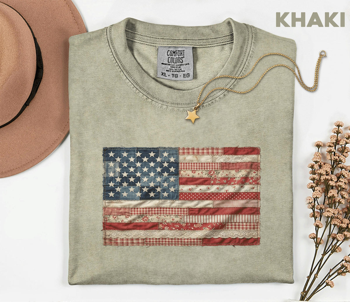 Comfort Colors® Vintage Patchwork American Flag Shirt Patriotic Quilt USA Flag Tee Rustic Fourth of July 4th Independence Day Americana Gift