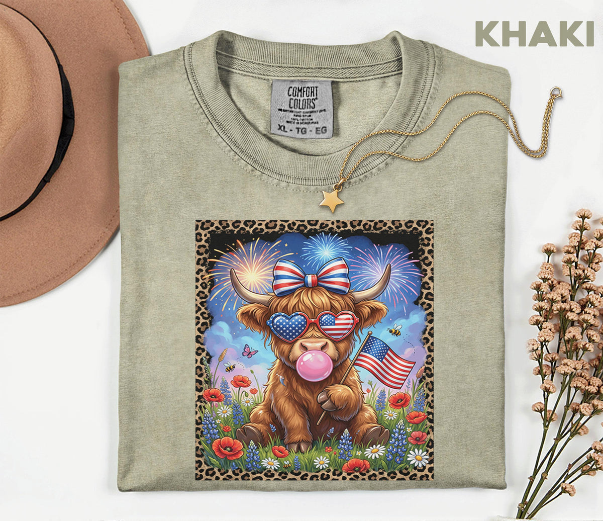 Comfort Colors® Cute Highland Cow Patriotic Shirt USA Cow Tee with American Flag Farmer Fireworks Fourth of July 4th Funny Cow Gift Idea