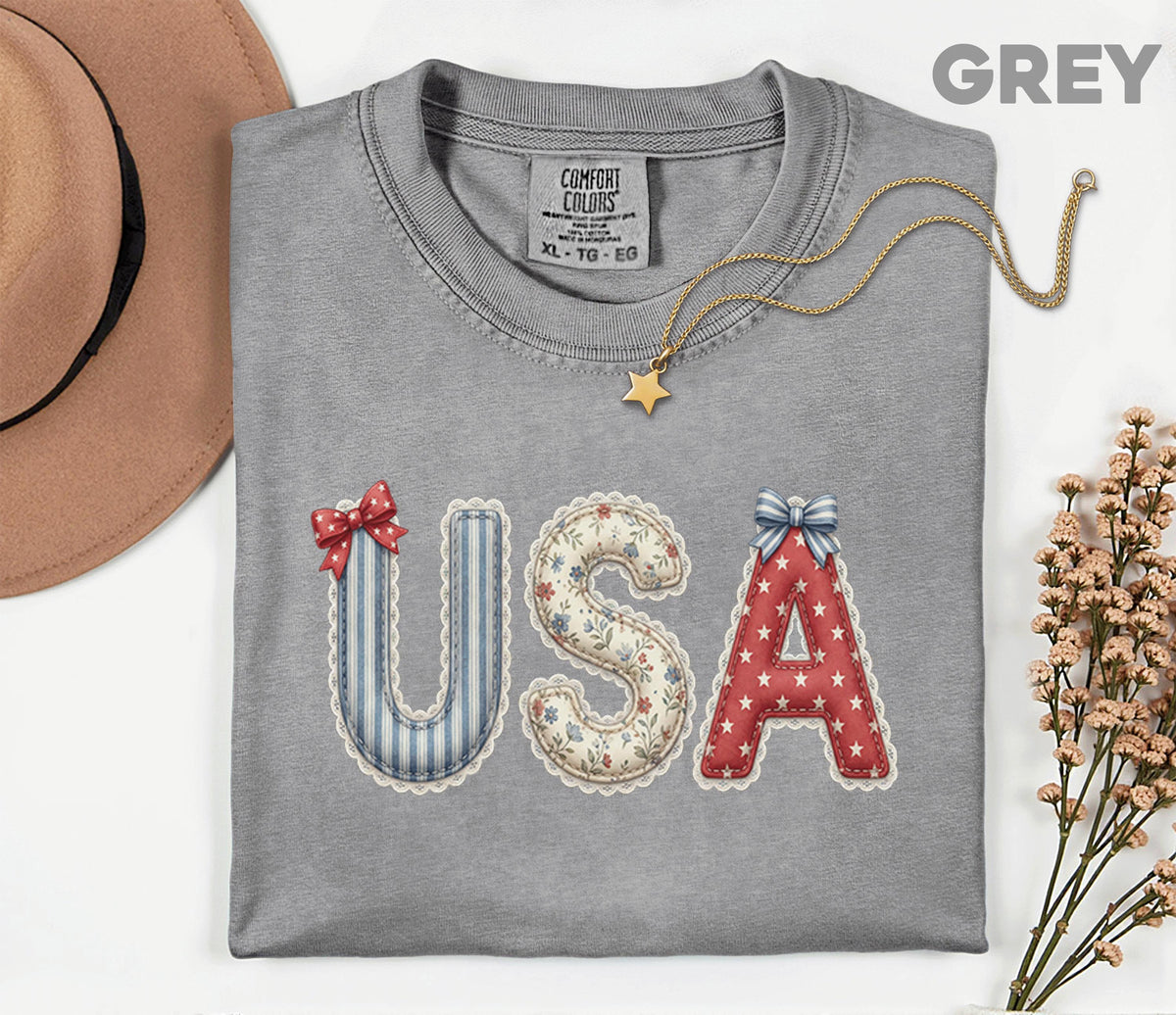 Comfort Colors® USA Patchwork Letter Shirt Americana 4th of July Tee Patriotic Fourth of July Shirt Cute Fabric Style USA Independence Day