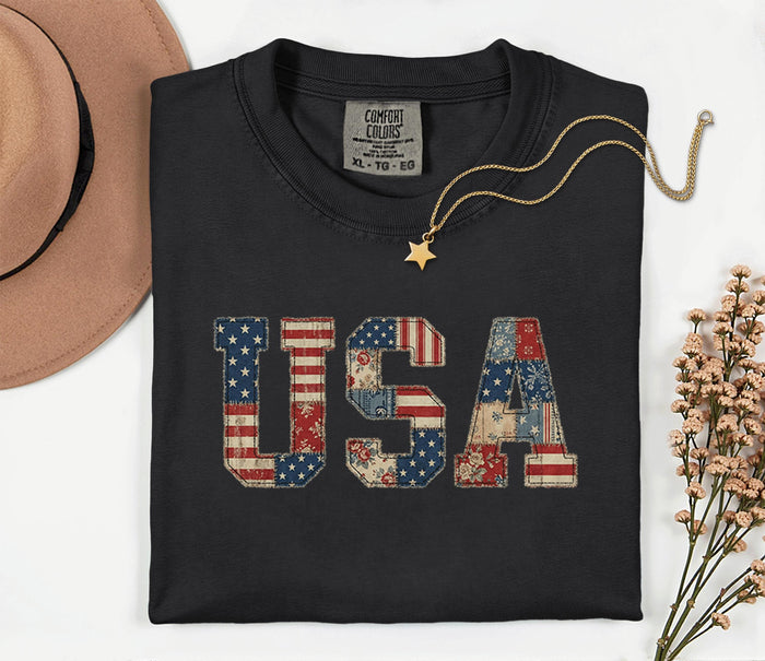 Comfort Colors Vintage USA Patchwork Shirt Americana Letter 4th of July Tee Retro Patriotic Shirt Fourth of July Outf...