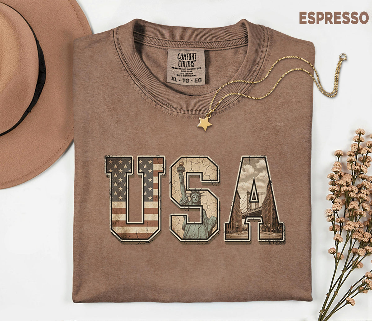 Comfort Colors® Vintage USA Shirt Statue of Liberty Flag Letters Retro America Tee Patriotic Fourth of July 4th Shirt Independence Day Gift