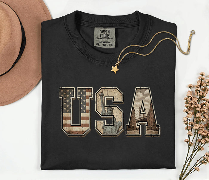 Comfort Colors® Vintage USA Shirt Statue of Liberty Flag Letters Retro America Tee Patriotic Fourth of July 4th Shirt...