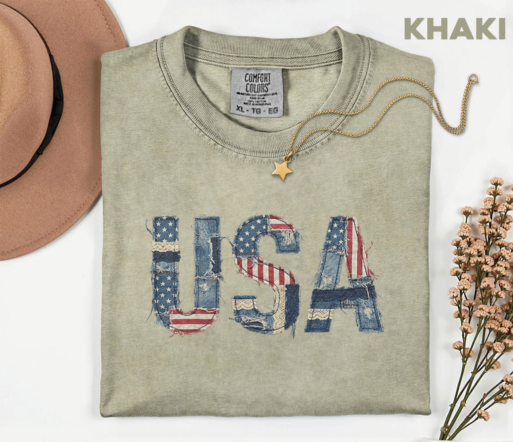 Comfort Colors® USA Patchwork Denim Shirt Patriotic Distressed USA Tee Vintage American Shirt Fourth of July 4th Shirt Independence Day Gift