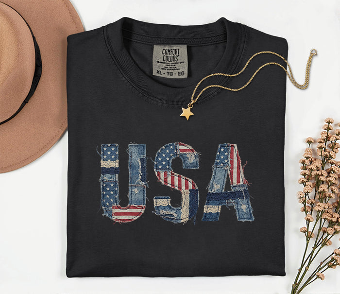 Comfort Colors® USA Patchwork Denim Shirt Patriotic Distressed USA Tee Vintage American Shirt Fourth of July 4th Shir...