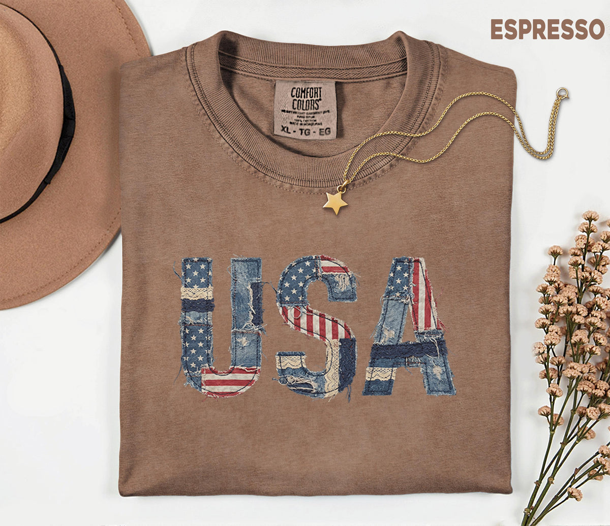 Comfort Colors® USA Patchwork Denim Shirt Patriotic Distressed USA Tee Vintage American Shirt Fourth of July 4th Shirt Independence Day Gift