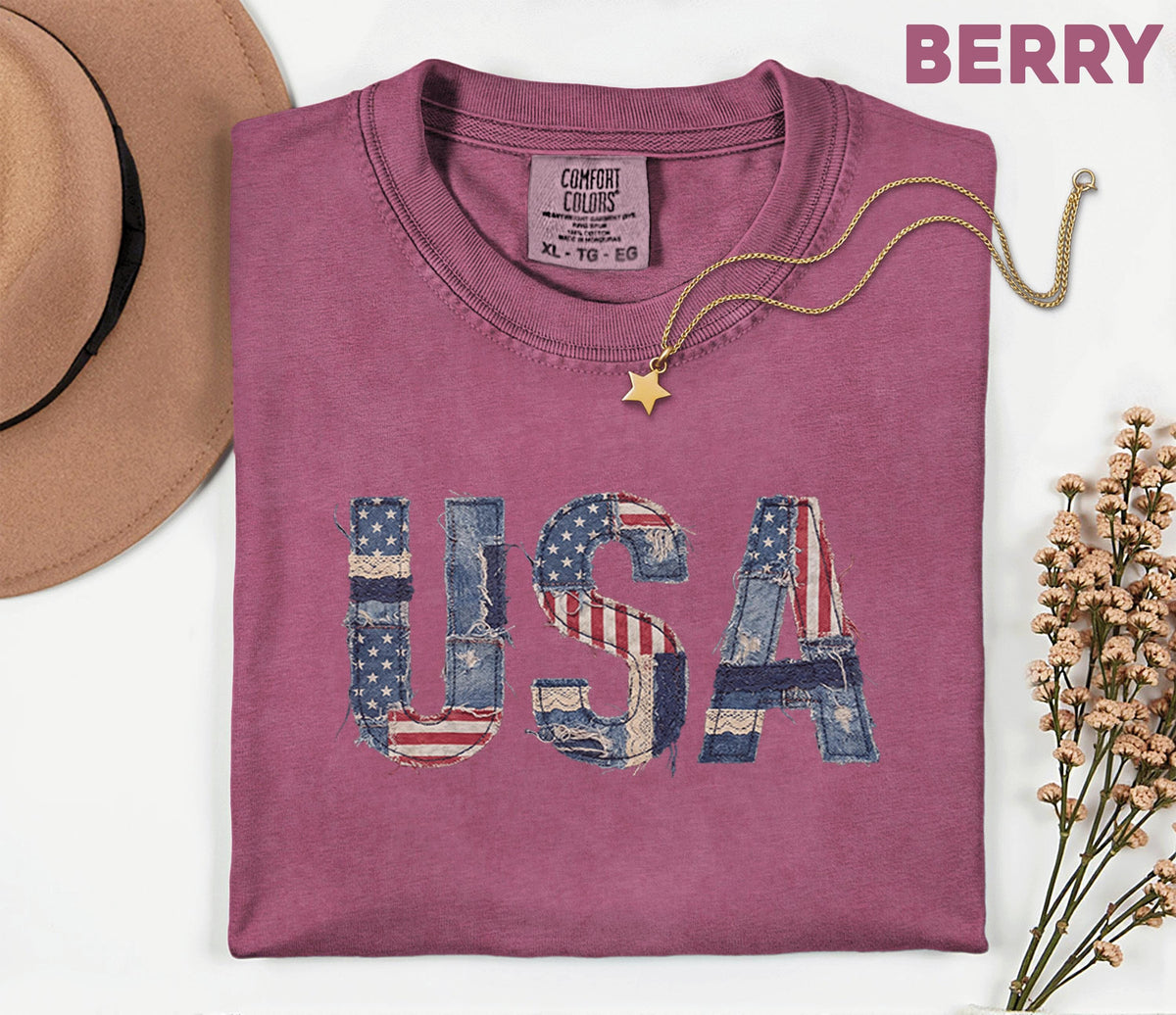 Comfort Colors® USA Patchwork Denim Shirt Patriotic Distressed USA Tee Vintage American Shirt Fourth of July 4th Shirt Independence Day Gift