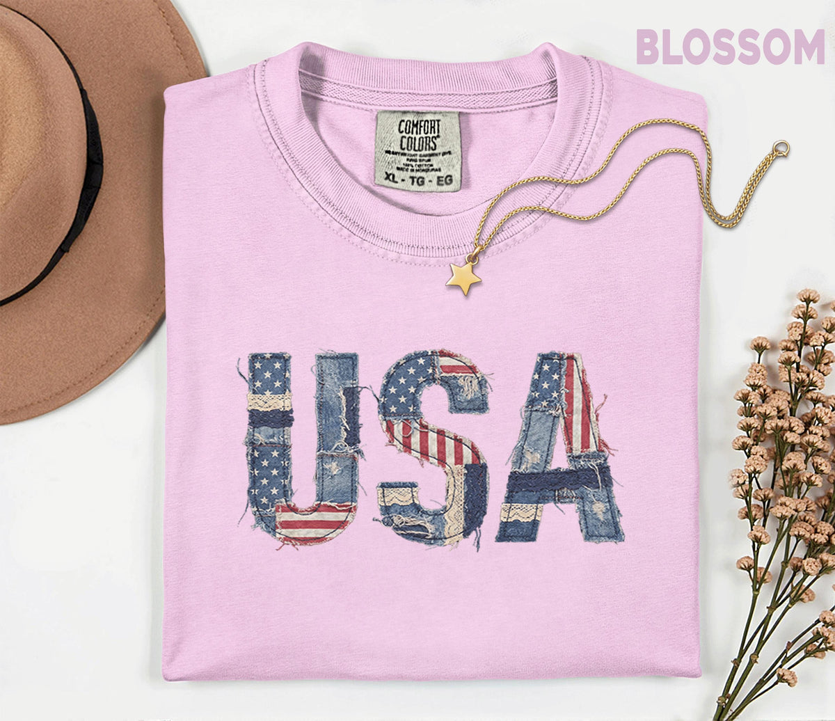 Comfort Colors® USA Patchwork Denim Shirt Patriotic Distressed USA Tee Vintage American Shirt Fourth of July 4th Shirt Independence Day Gift