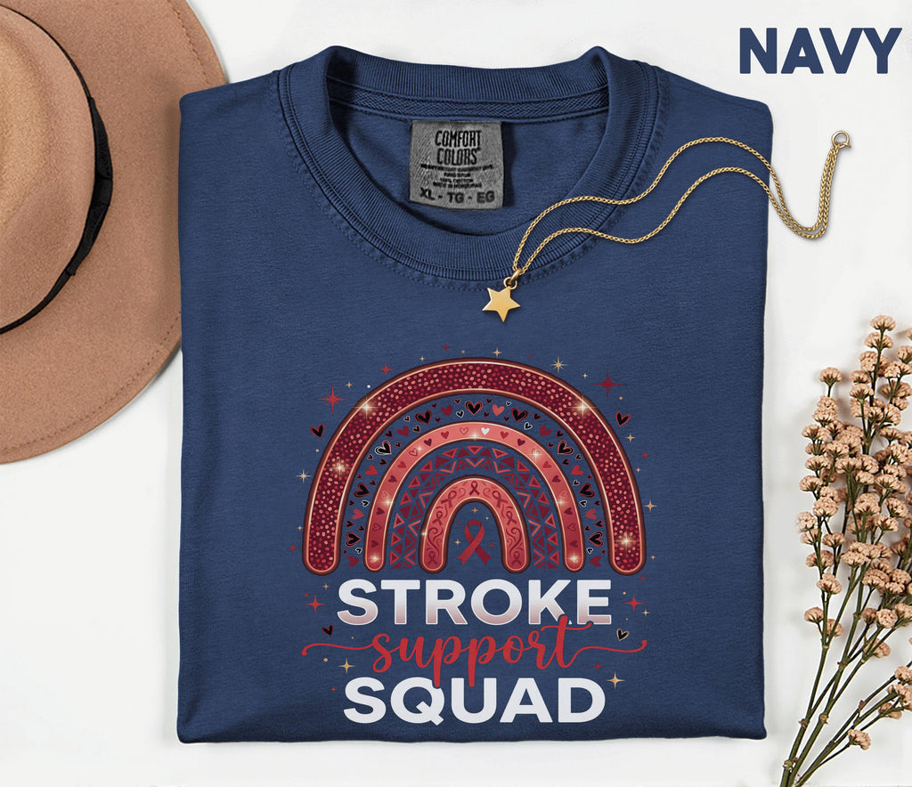Stroke Awareness Support Squad Shirt, Comfort Colors® Stroke Awareness Tee, Caregiver Gift, Red Ribbon Rainbow Medical T-Shirt