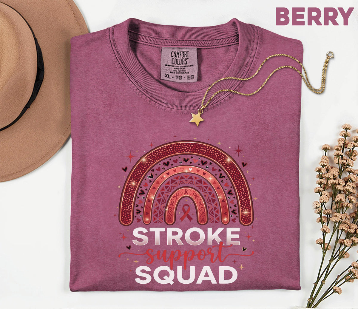Stroke Awareness Support Squad Shirt, Comfort Colors® Stroke Awareness Tee, Caregiver Gift, Red Ribbon Rainbow Medical T-Shirt