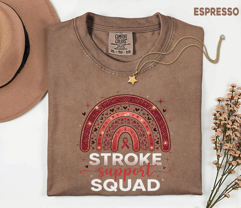 Stroke Awareness Support Squad Shirt, Comfort Colors® Stroke Awareness Tee, Caregiver Gift, Red Ribbon Rainbow Medical T-Shirt