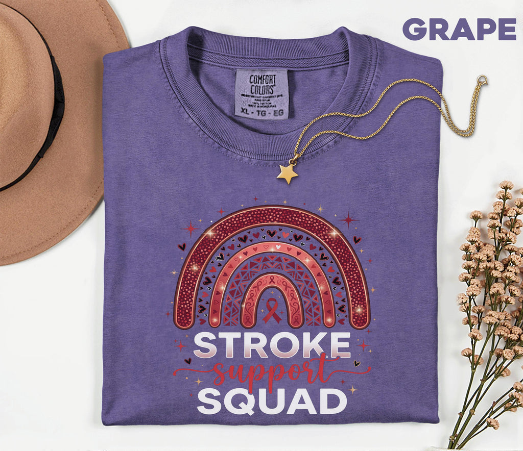 Stroke Awareness Support Squad Shirt, Comfort Colors® Stroke Awareness Tee, Caregiver Gift, Red Ribbon Rainbow Medical T-Shirt